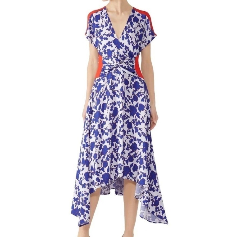 NWT PINKO Floral Colorblock Dress 42 Twist Front Handkerchief Hem Midi Blue‎ Red